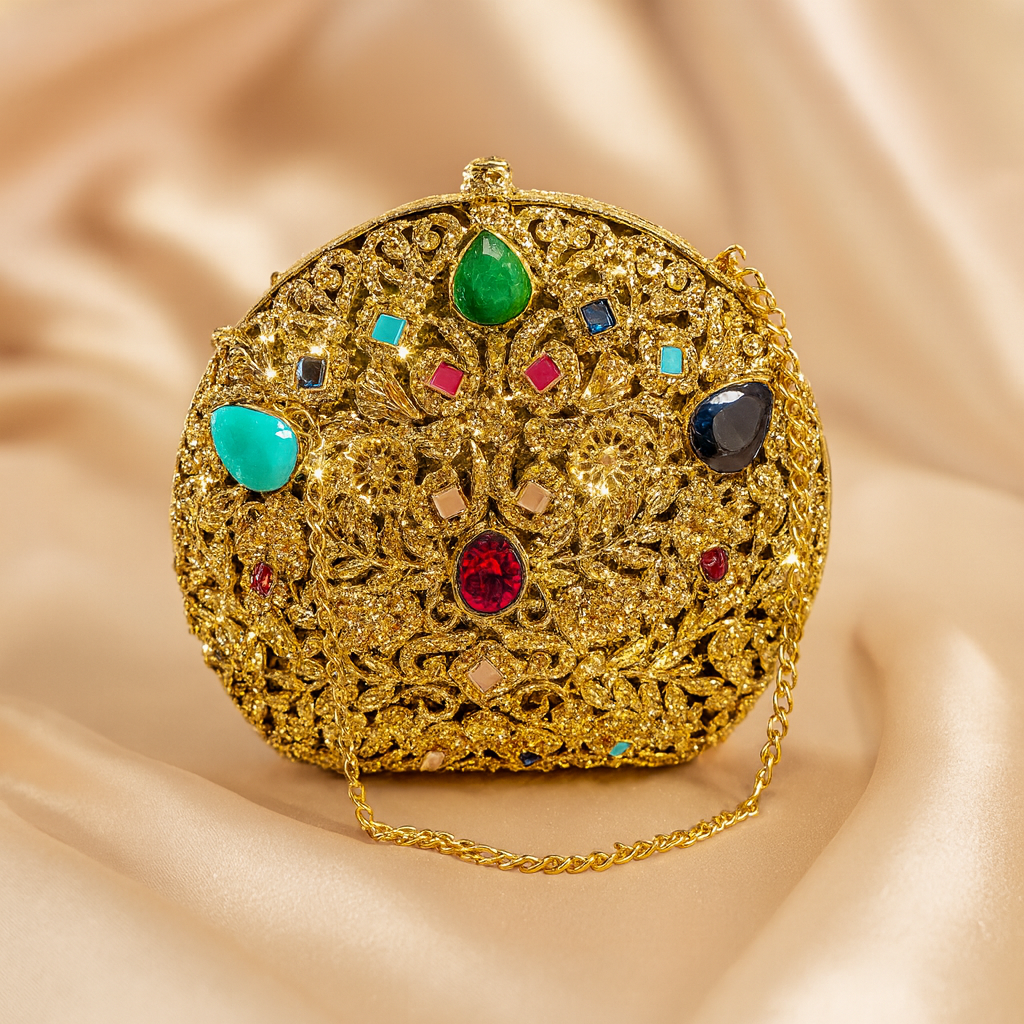 Elegant Gold Multicolor Stone Clutch