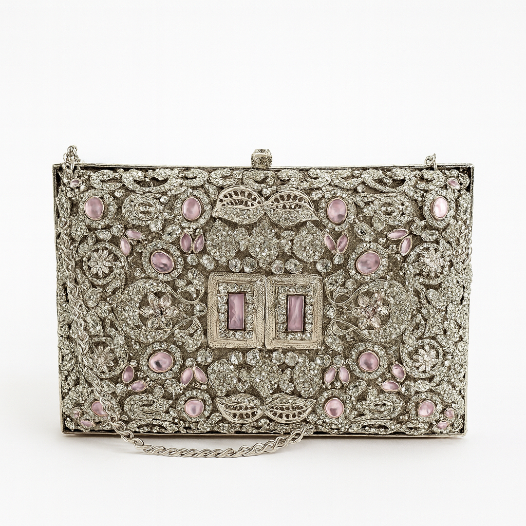 “Timeless Elegance: Silver & Pink Crystal Clutch”