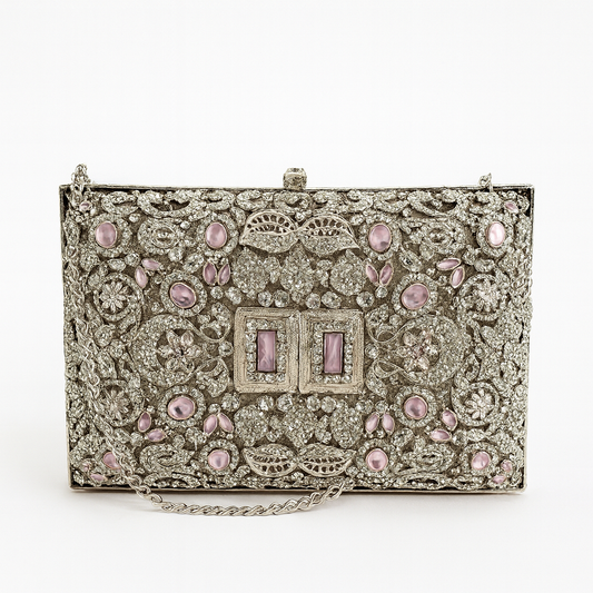 “Timeless Elegance: Silver & Pink Crystal Clutch”