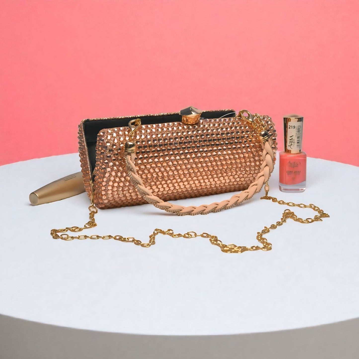 Rose Gold Rhinestone Clutch