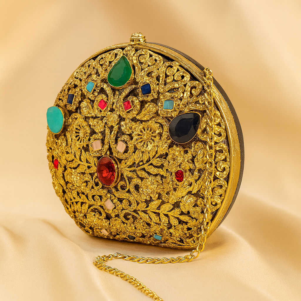 Elegant Gold Multicolor Stone Clutch