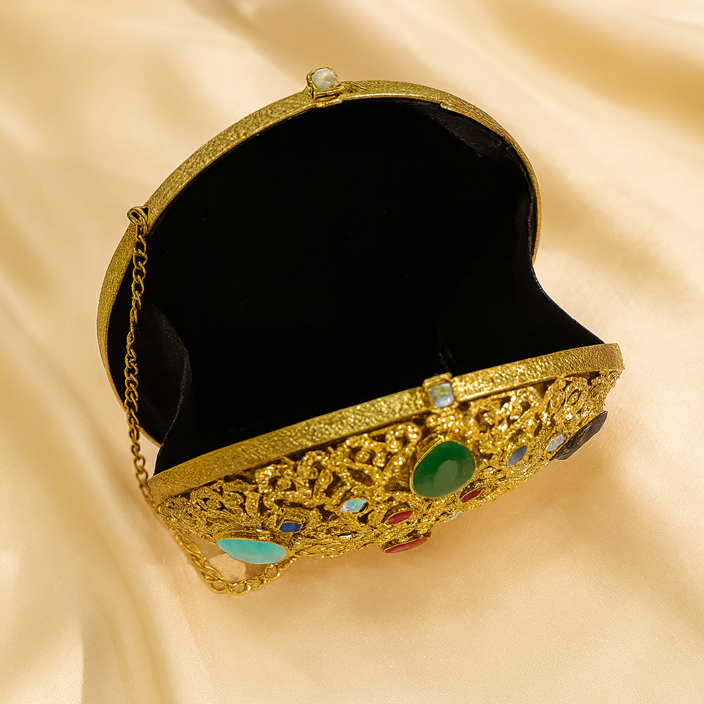 Elegant Gold Multicolor Stone Clutch